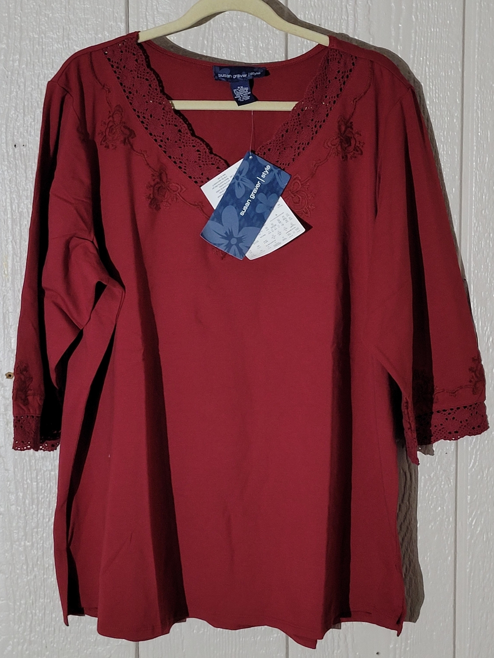 Susan Graver Burgundy V-Neck Lace-Trim Tunic